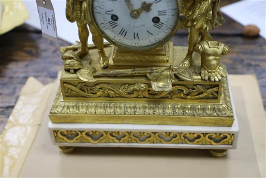 Viger of Paris. A Louis XVI ormolu and white marble mantel clock, height 14in.